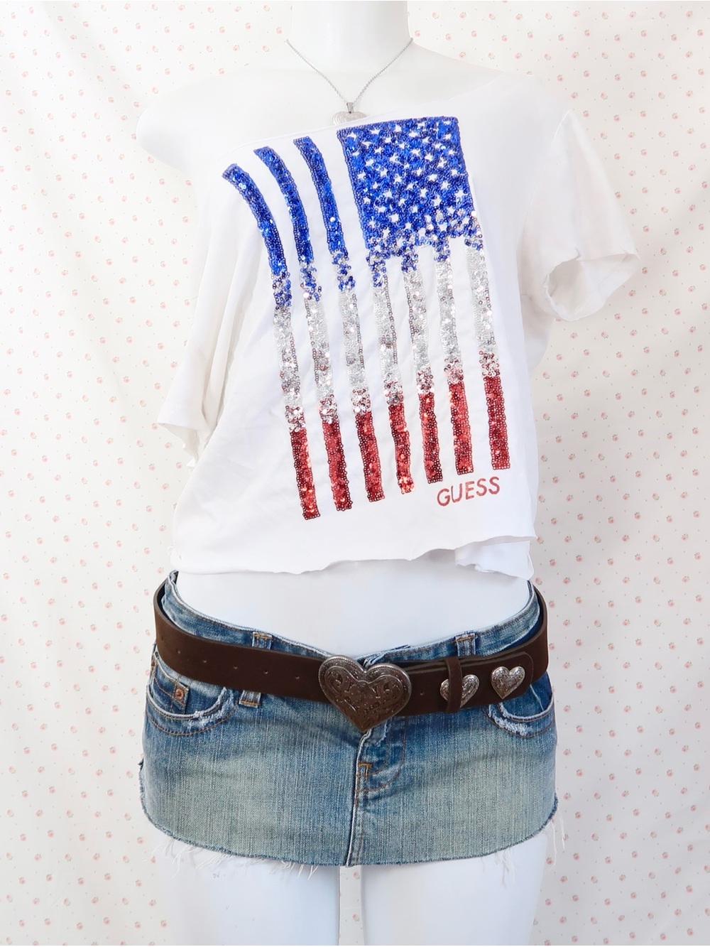 Guess White Crop Tee with Red, Blue & Silver Sequin Flag